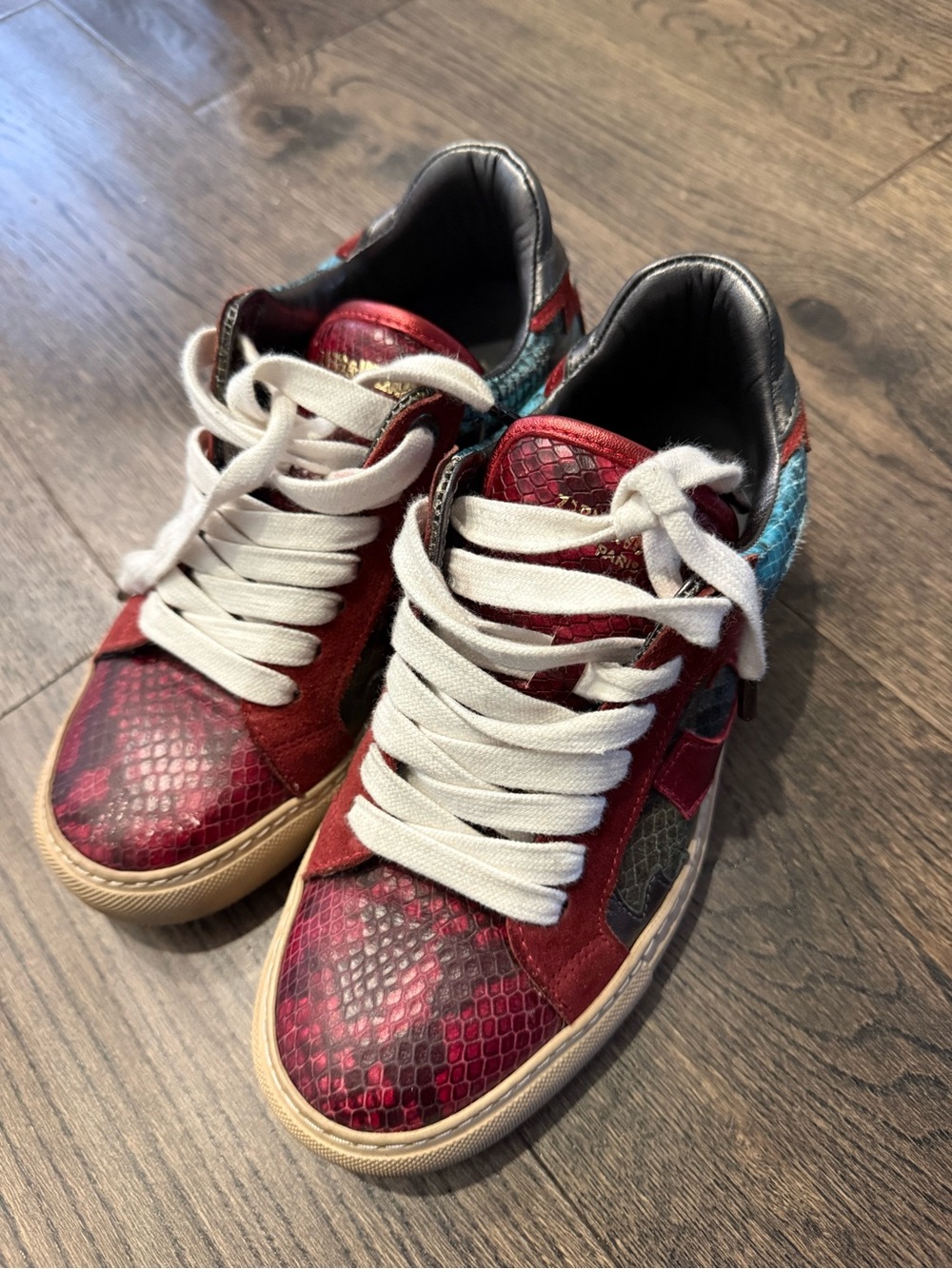 Zadig & Voltaire Burgundy Leather Snakeskin Sneakers – Size 37 – Made in Italy